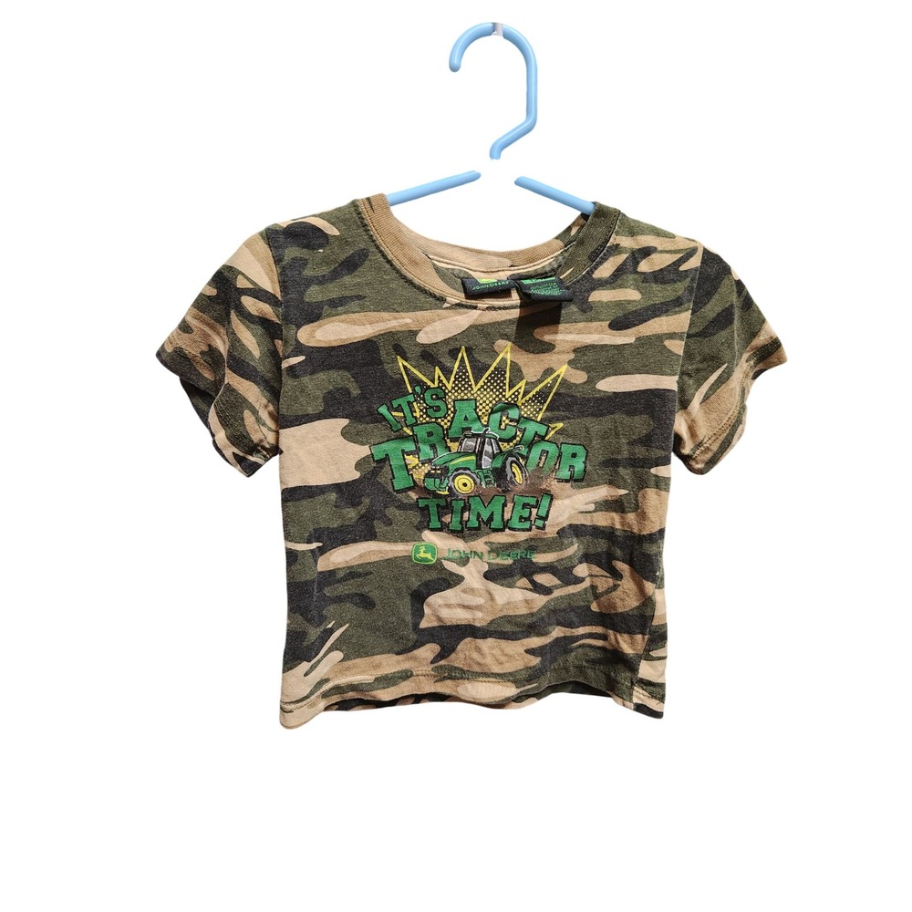 John Deere 12M Boys Camo Its Tractor Time Graphic T-Shirt Cotton Green Brown